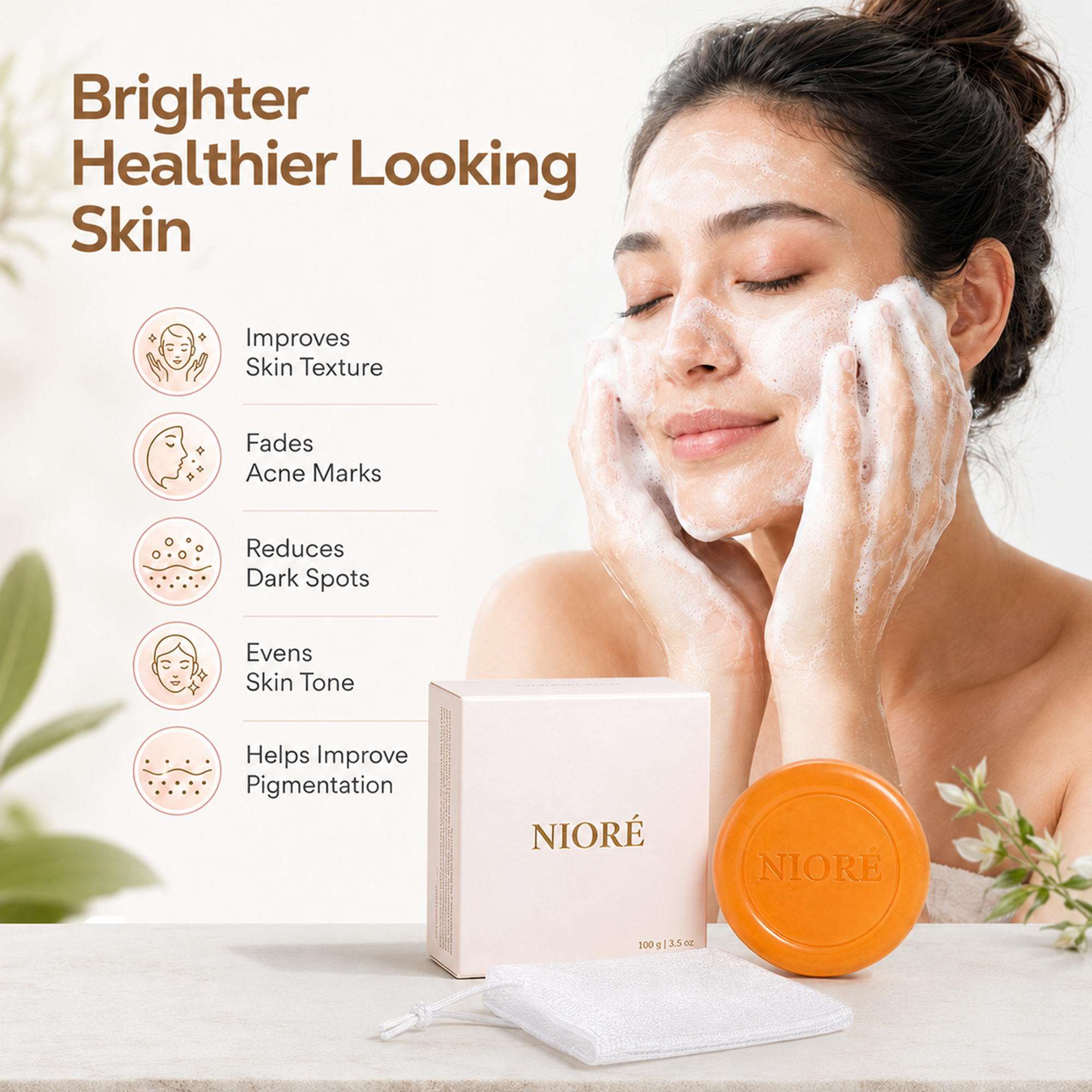 NIORÉ Ultra-Brightening Kojic Face Soap with Foaming Net – 100g