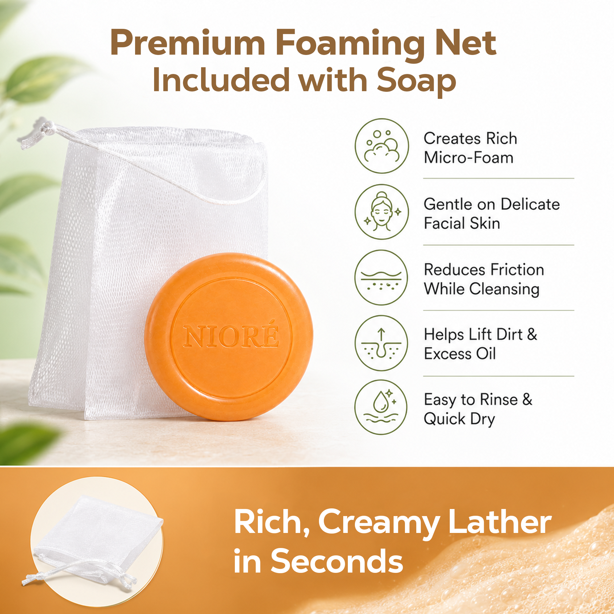 NIORÉ Ultra-Brightening Kojic Face Soap with Foaming Net – 100g